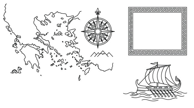 PrintOld Greek Map Line Art Collection with Traditional Sailing Trireme Vessel Ornamental Border Windrose Icon and Mountain Peaks