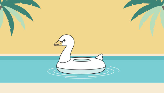Cute white duck inflatable float drifting on the sparkling blue water of a swimming pool with palm trees.