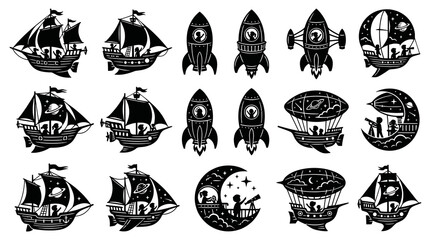 Fototapeta premium Black White Vector Icons: Spaceships, Hot Air Balloons, and Sailboats