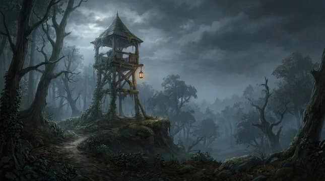 An eerie abandoned wooden watchtower deep inside a dark forest for halloween