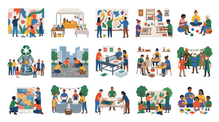 Naklejka premium Diverse People Enjoying Arts Crafts - Flat Vector Illustration