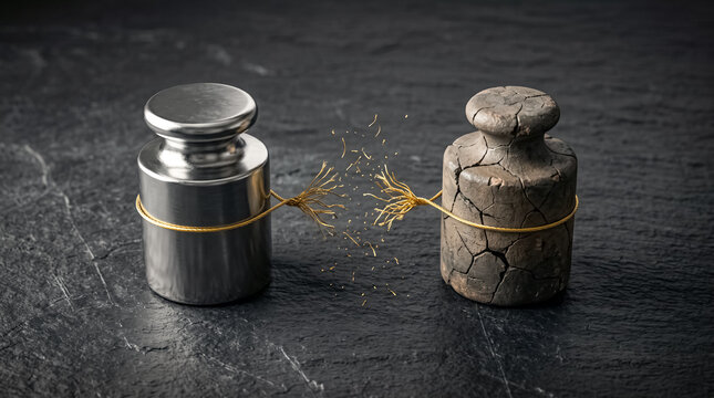 Contrast of Calibration: A gleaming, new calibration weight stands beside an old, cracked weight, connected by a fine thread, symbolizing precision versus wear and tear.