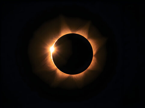 Total solar eclipse showing the suns corona and a bright diamond ring flare against a dark black sky