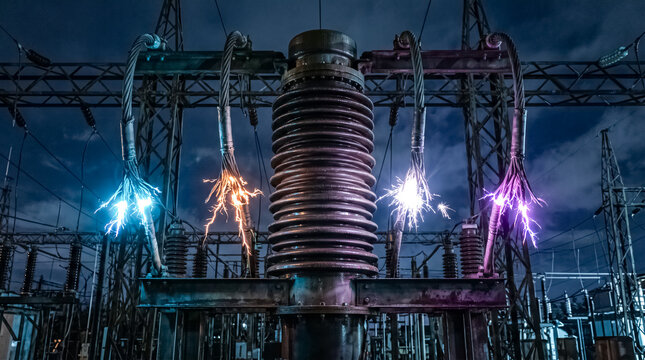 Electrical Substation at Night: A dramatic view of an electrical substation at night, with arcs of electricity in blue, orange, and purple illuminating the dark sky.