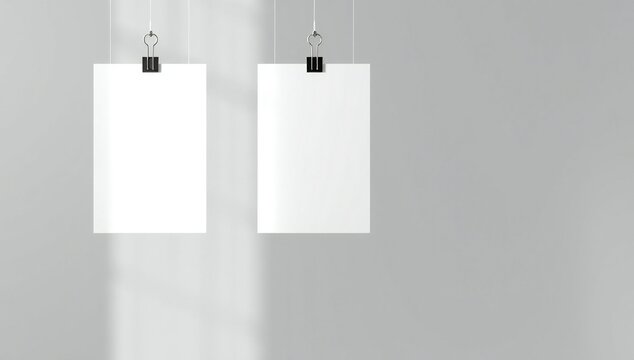 Two empty white paper posters hanging with black metal binder clips on a grey wall