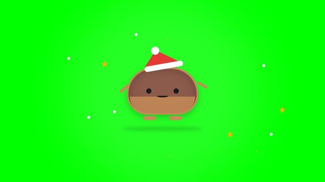 Cute Animated Chestnut Character Wearing A Festive Christmas Hat On Green Screen.