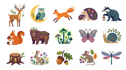 Fototapeta premium Cute Woodland Animals Vector Icon Set - Flat Art Style