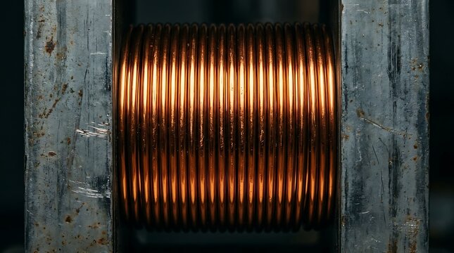 Close-up of a copper wire coil wrapped around a transformer core. Industrial electrical component for power.