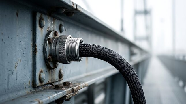 Industrial cable connector bolted to a metal bridge structure. Ideal for engineering and manufacturing concepts.