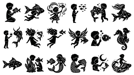 Obraz premium Black and White Silhouettes of Children and Magical Fish and Sea Creatures, Vector Art