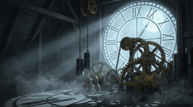 Mysterious abandoned clock tower interior for a dark halloween 2026 atmospheric concept