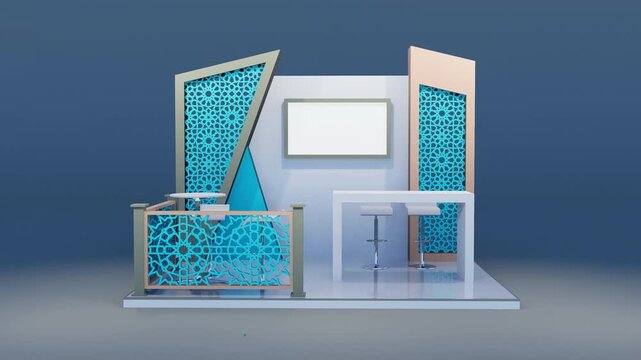 3D animation Arabic Islamic exhibition booth full 360 orbit camera pan left to right geometric ornament mashrabiya modern interior rendering