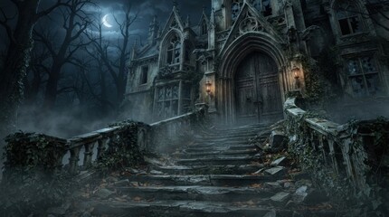 Naklejka premium Sinister gothic mansion entrance for a haunting halloween 2026 night scene background