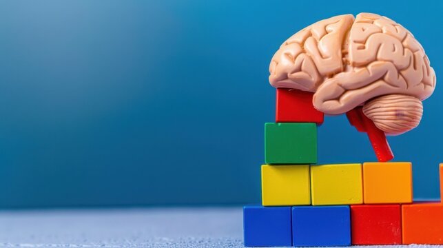 Creative Concept of Brain Building with Colorful Blocks on Blue Background for Learning and Education Themes