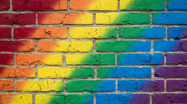 Colorful brick wall painted in rainbow gradient with red, orange, yellow, green, blue, and purple hues