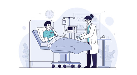 Fototapeta premium Doctor checks on patient in hospital bed with medical equipment