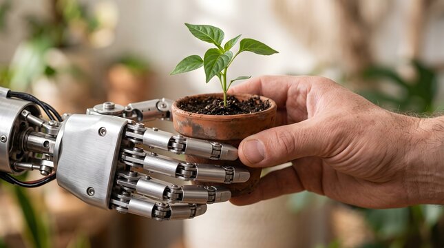 Human hand and robotic arm holding a small plant in a terracotta pot