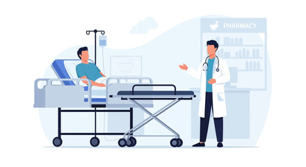 Fototapeta premium Doctor Consults Patient in Hospital Bed with Pharmacy Background