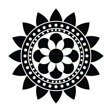 Black and white mandala design with floral patterns and dots on white background