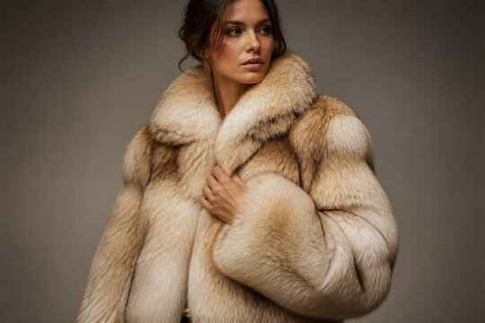 Woman wearing fur coat standing in neutral studio background