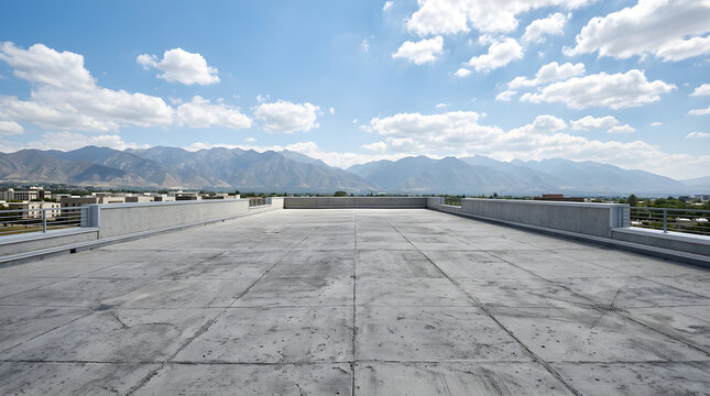 Empty concrete rooftop terrace with mountain view under cloudy blue sky