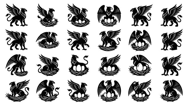 Mythical Griffin Black and White Glyph Vector Icons Set. Heraldry and Fantasy Creature Symbols with Eggs and Nests