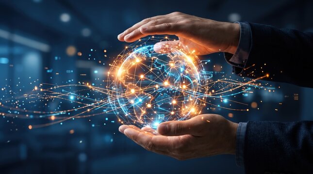 Business hands holding glowing digital earth globe with network connections, futuristic technology, global communication data flow, internet connection visualization