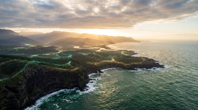 Aerial Coastal Landscape at Sunrise Representing Sustainable Environmental Energy