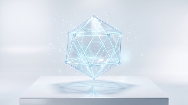 Transparent Geometric Crystal Form Floating in a Minimal Futuristic Space