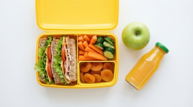 Yellow lunch box with sandwich, carrot sticks, cucumber, dried apricots, green apple, and juice isolated on white background