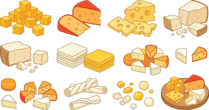 Cheese Collection with Assorted Cheese Wedges, Cubes, Slices, Blocks, Crackers, and Dairy Food Ingredients Vector Illustration