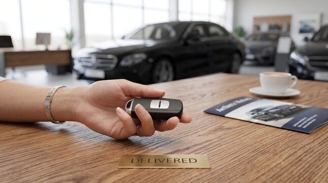 Hand holding car key fob over delivered nameplate in luxury auto showroom, symbolizing successful vehicle purchase and ownership transfer with new black sedan in representing