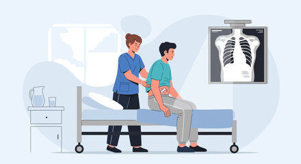 Fototapeta premium Nurse Examining Patient's Back Near X-Ray in Hospital Room