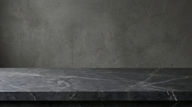 Dark marble table top with textured grey concrete wall background product display