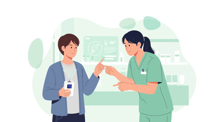 Fototapeta premium Nurse teaching patient to use thermometer, isolated on transparent background