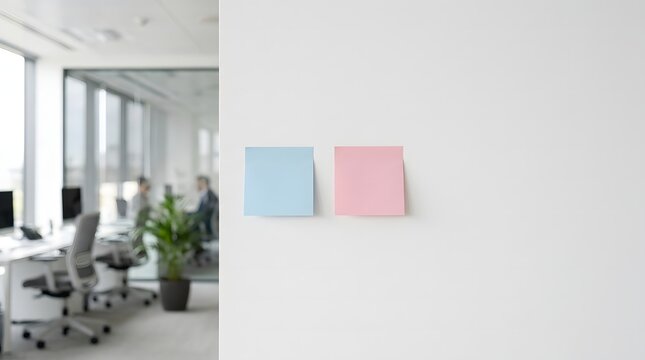 Blue and pink sticky notes on a white office wall with blurred workspace background