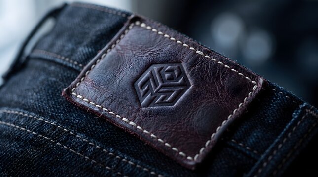 Brown leather patch with embossed geometric logo on dark denim clothing.