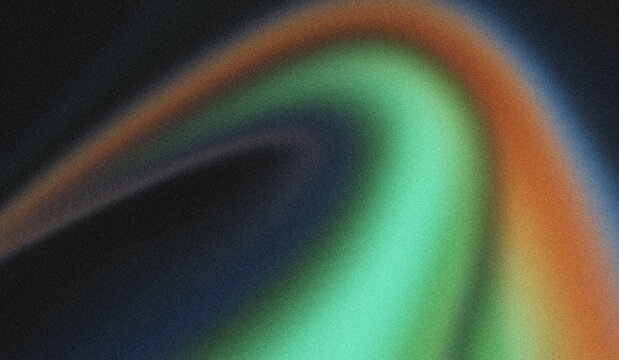 Abstract Dark Charcoal Black Background Featuring Heavy Grainy Noise Texture with Glowing Spectrum Arch Light Ring in Mint Green, Amber Copper, and Steel Blue