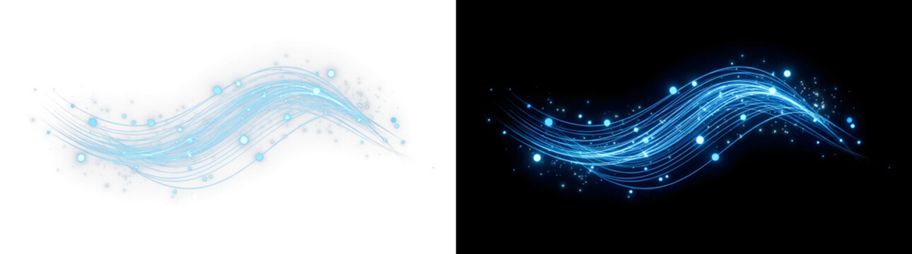Glowing blue light trail wave featuring digital motion particles with sparkling abstract energy lines created for design on transparent background