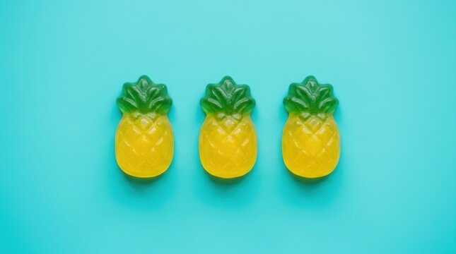 Three pineapple shaped gummy candies arranged in a row on a solid light blue background