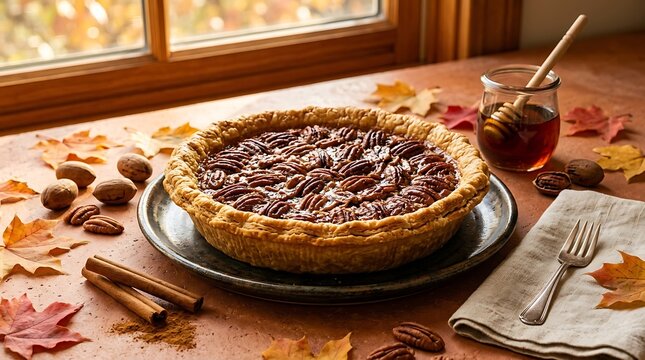 Autumnal pecan pie on a rustic table with fall leaves and spices