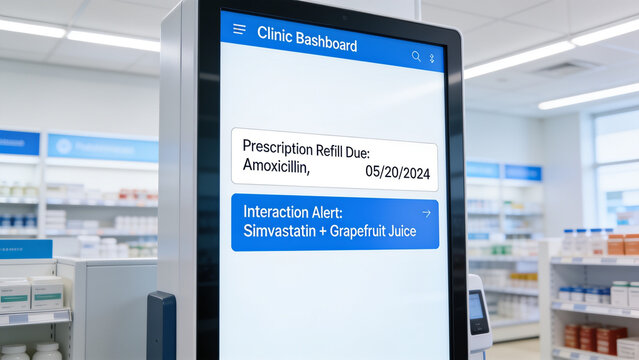 Pharmacy kiosk screen displaying prescription refill alerts and drug interaction warnings