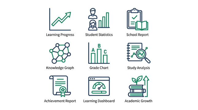 Academic data analysis and student report icons.
