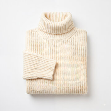Generic folded cream white cashmere knit turtleneck sweater isolated on white.