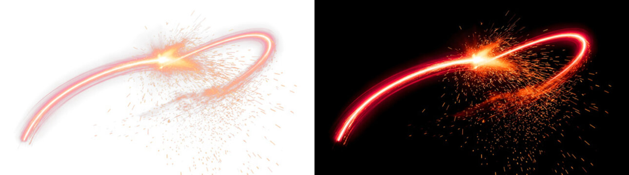 Dynamic arc of glowing red light featuring intense burning metal sparks and vibrant orange embers flying freely on transparent background