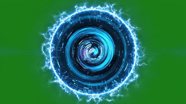 Blue glowing portal effect floats in the center against a solid green screen backdrop.