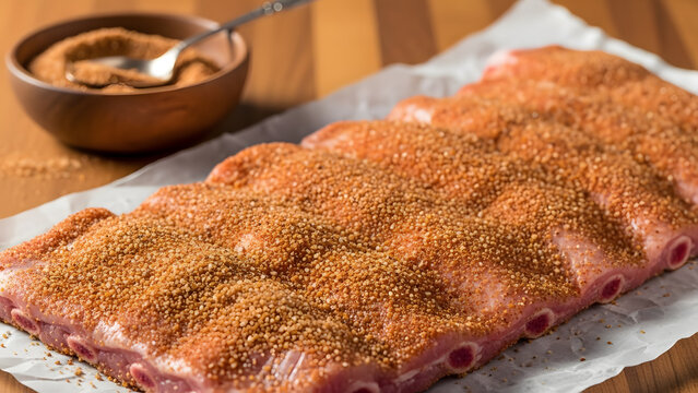 Raw rack of beef ribs coated with dry rub spice seasoning on butcher paper