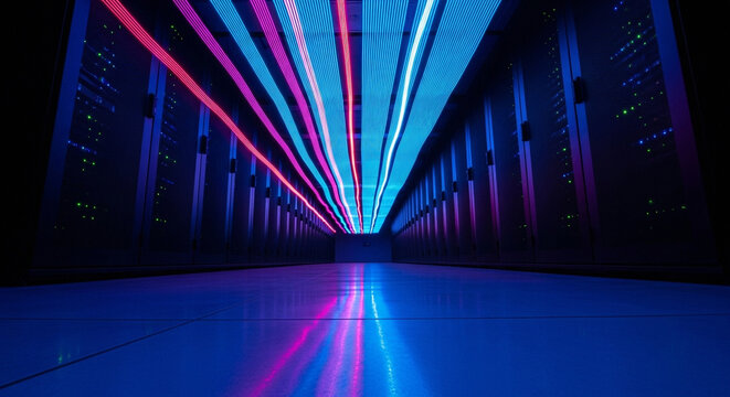 Futuristic data center with glowing server racks and neon lights