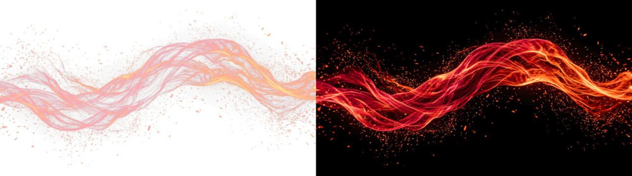 Vibrant fiery wave composed of glowing embers and orange light streaks forming a dynamic artistic fluid motion on transparent background