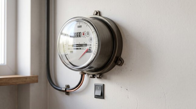 Vintage electrical power meter mounted on white wall with electricity meter utility meter analog meter